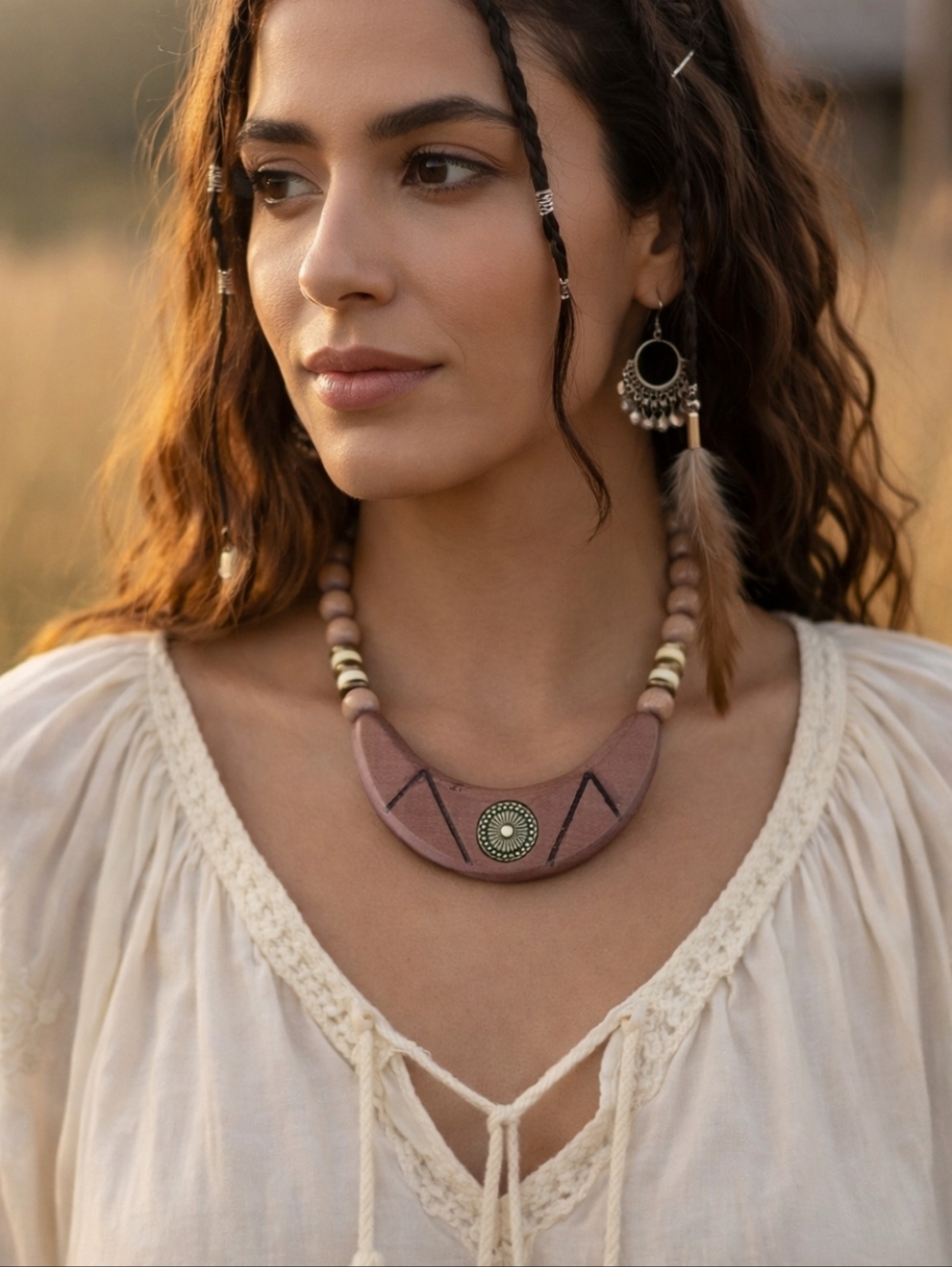 Handcrafted Wood Bib Necklace Boho Tribal Collar 8” Drop Statement Pendant
